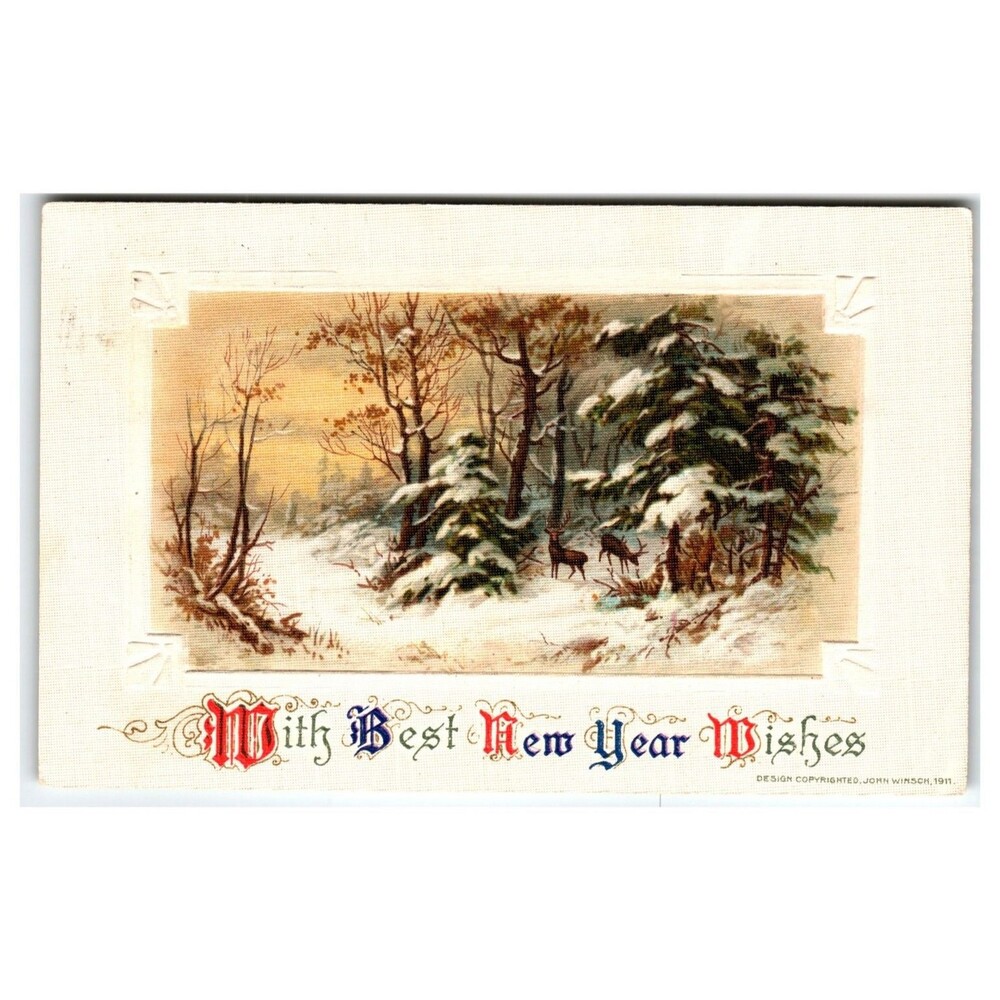 1911 John Winsch New Year Postcard Embossed Winter Deer Forest Scene Germany